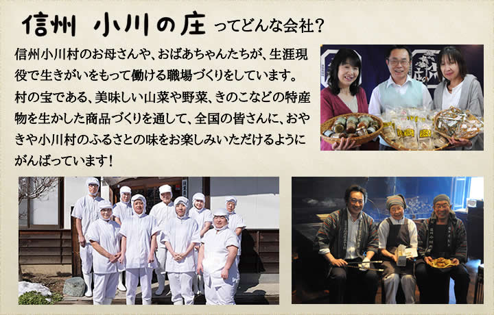 信州小川村のお母さんや、おばあちゃんたちが、生涯現役で生きがいをもって働ける職場づくりをしています。村の宝である、美味しい山菜や野菜、きのこなどの特産物を生かした商品づくりを通して、全国の皆さんに、おやきや小川村のふるさとの味をお楽しみいただけるようにがんばっています！